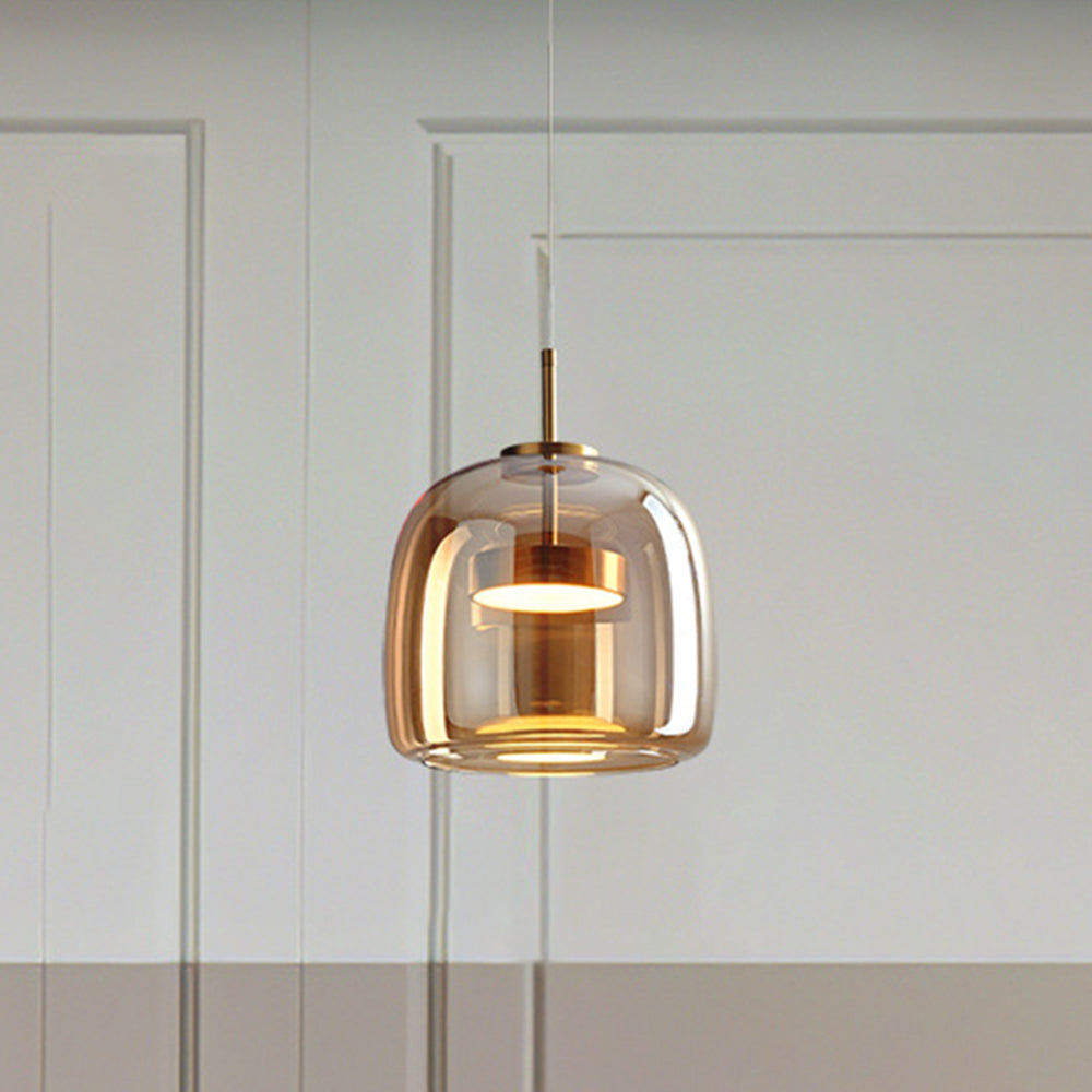 Lámpara colgante Hailie Retro LED, lámpara colgante de cristal de metal ámbar dorado
