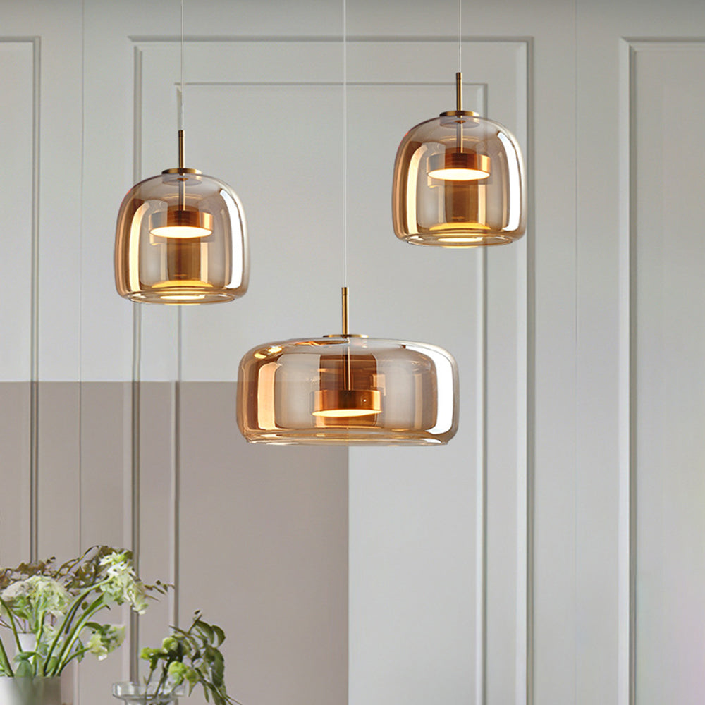 Lámpara colgante Hailie Retro LED, lámpara colgante de cristal de metal ámbar dorado
