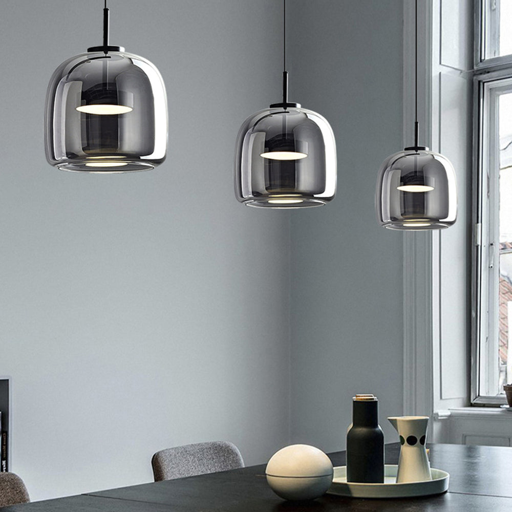 Lámpara colgante Hailie Retro LED, lámpara colgante de cristal de metal ámbar dorado