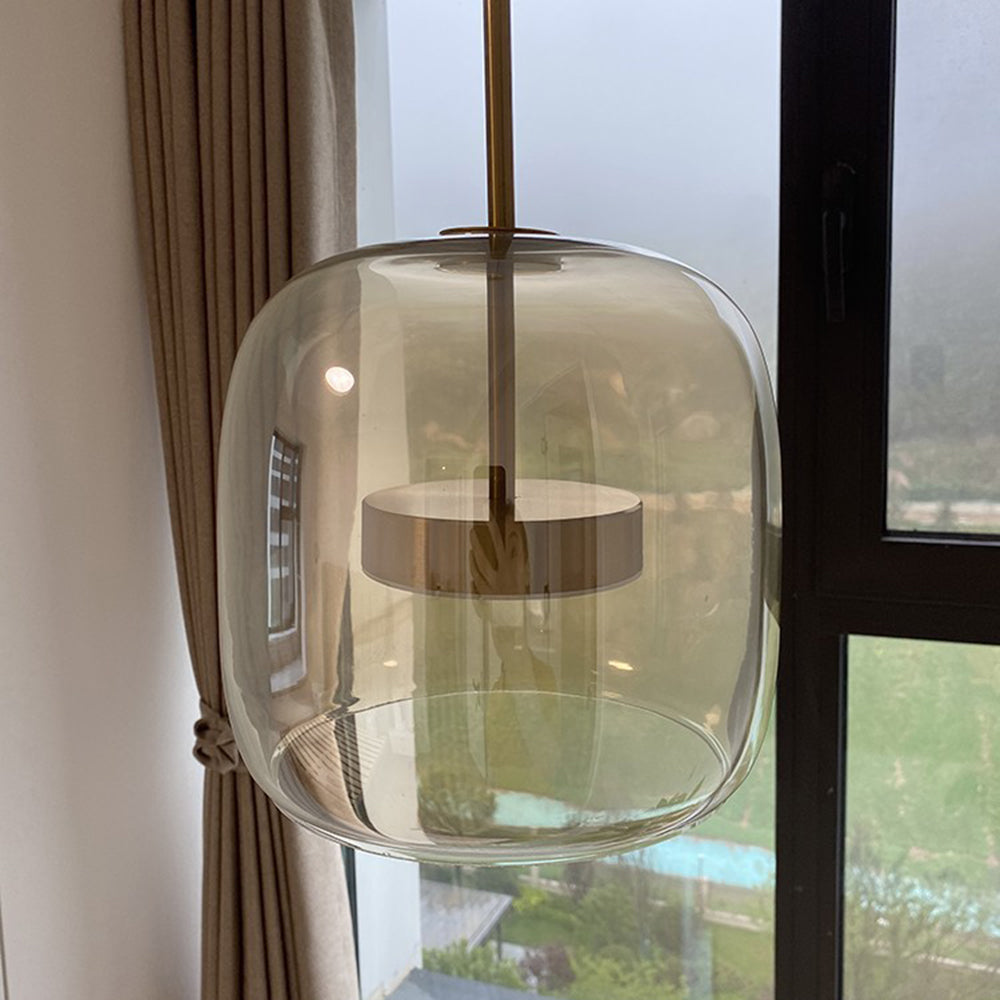 Lámpara colgante Hailie Retro LED, lámpara colgante de cristal de metal ámbar dorado