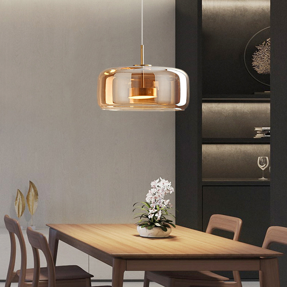Lámpara colgante Hailie Retro LED, lámpara colgante de cristal de metal ámbar dorado