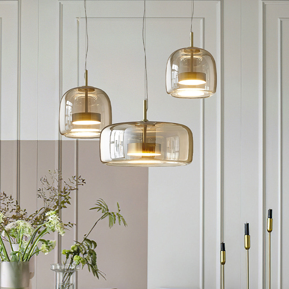 Lámpara colgante Hailie Retro LED, lámpara colgante de cristal de metal ámbar dorado