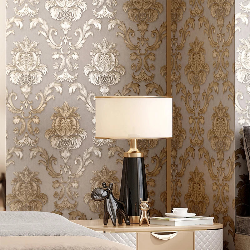 Textura dorada Luxe Klassiek 3D Damast Behangdecor