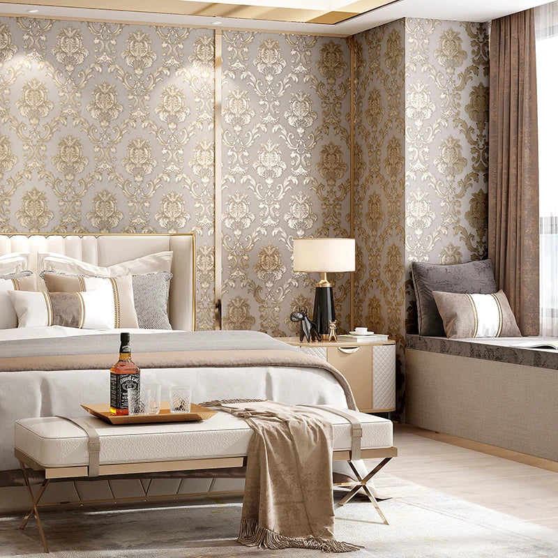 Textura dorada Luxe Klassiek 3D Damast Behangdecor