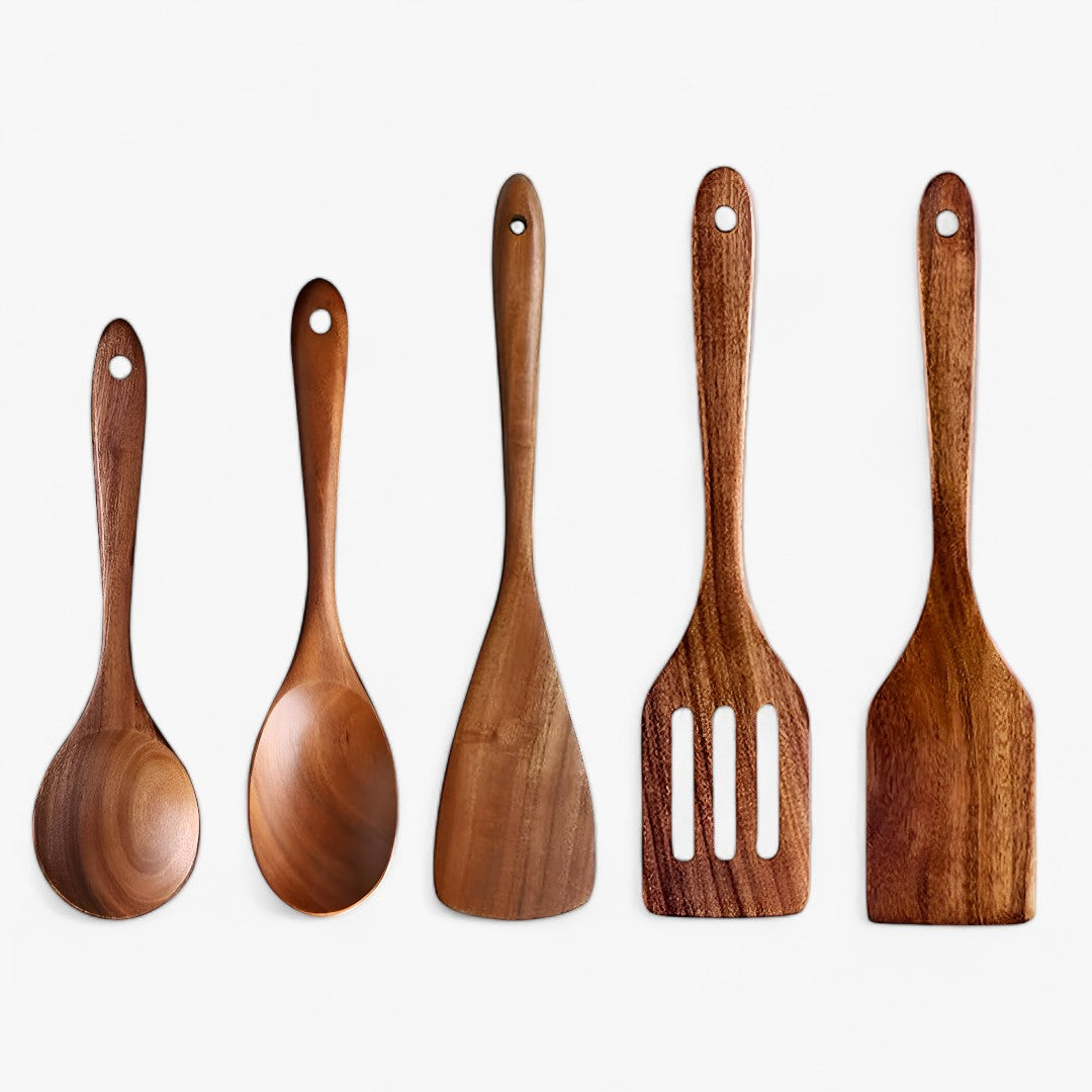 Elegante conjunto Teakhouten Keukengerei | 7-delige Natuurlijke Luxe